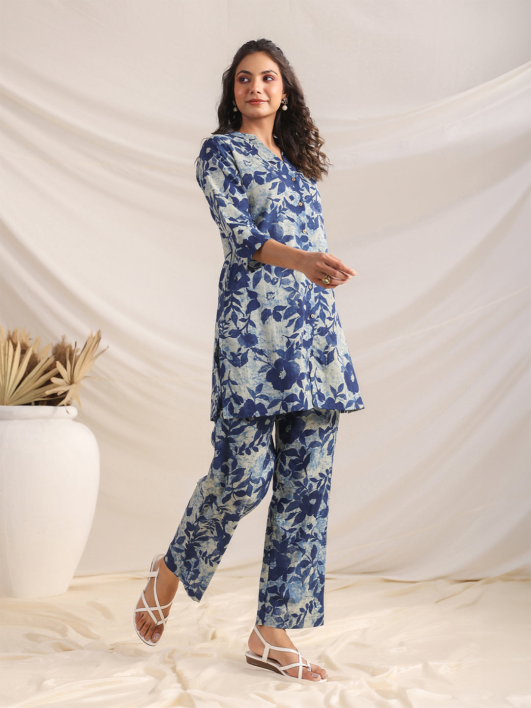 Indigo Cotton Floral Regular Co-ord Set - qivii