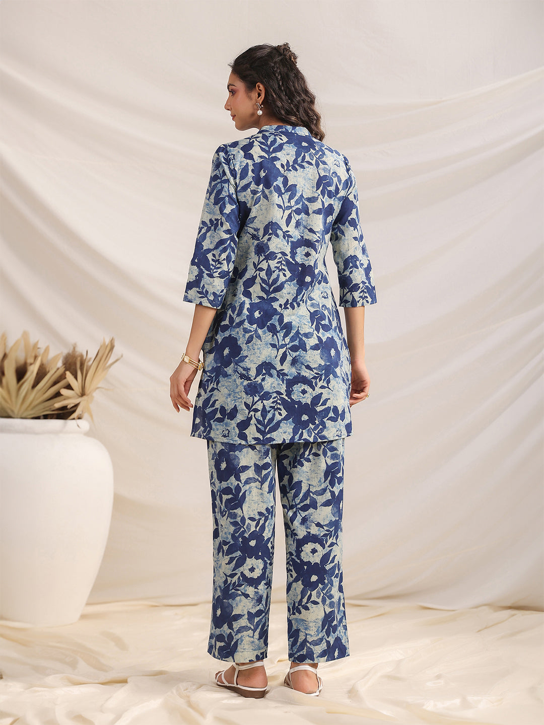 Indigo Cotton Floral Regular Co-ord Set - qivii