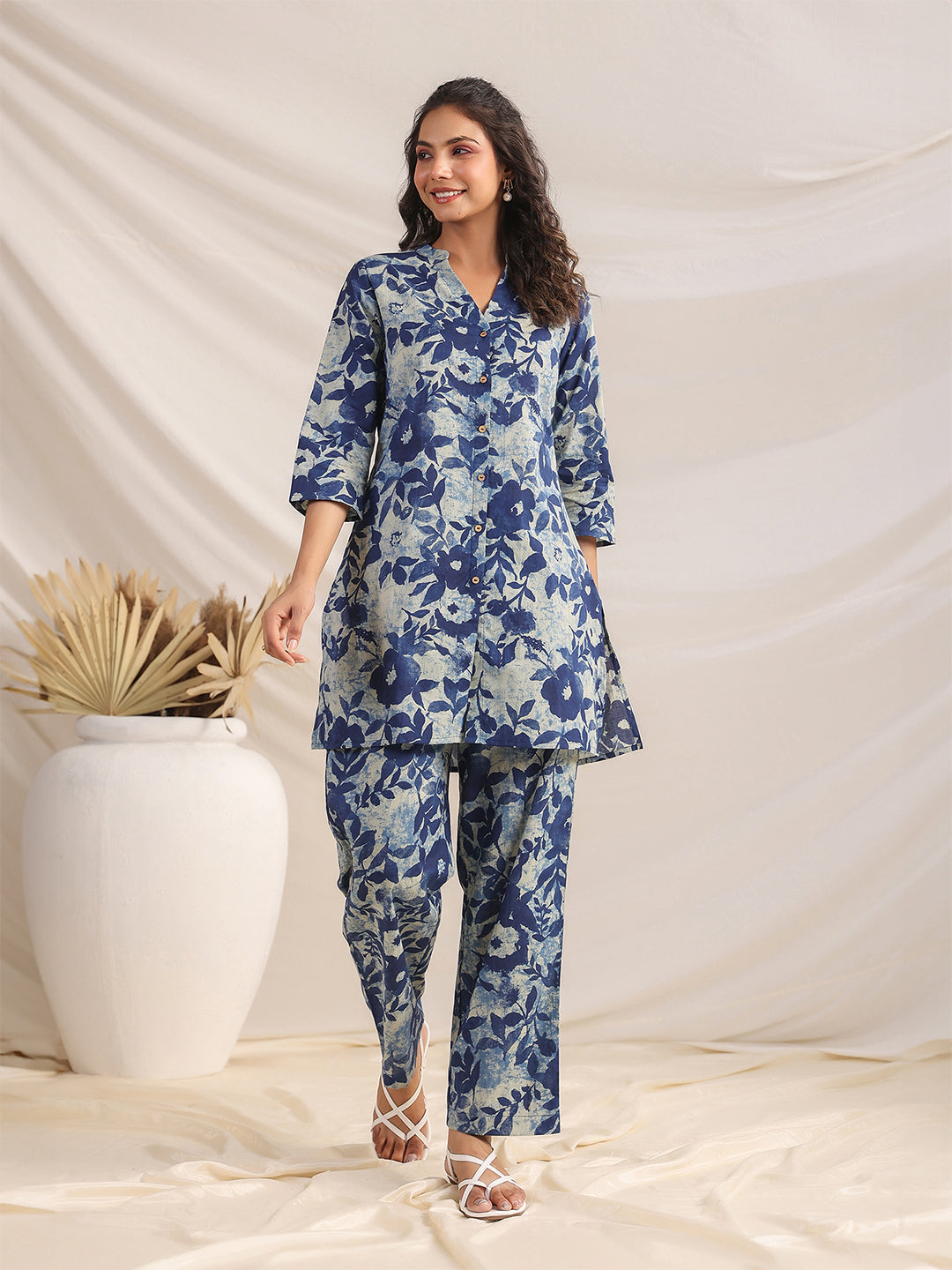 Indigo Cotton Floral Regular Co-ord Set - qivii