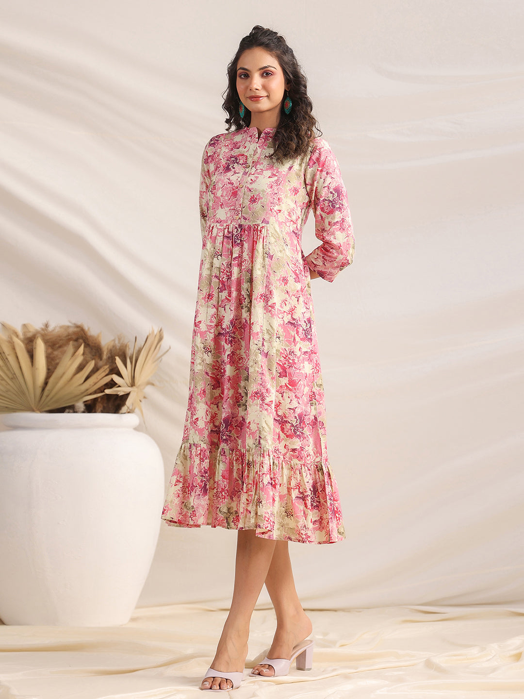 Pink Cotton Abstract Gathered Dress - qivii