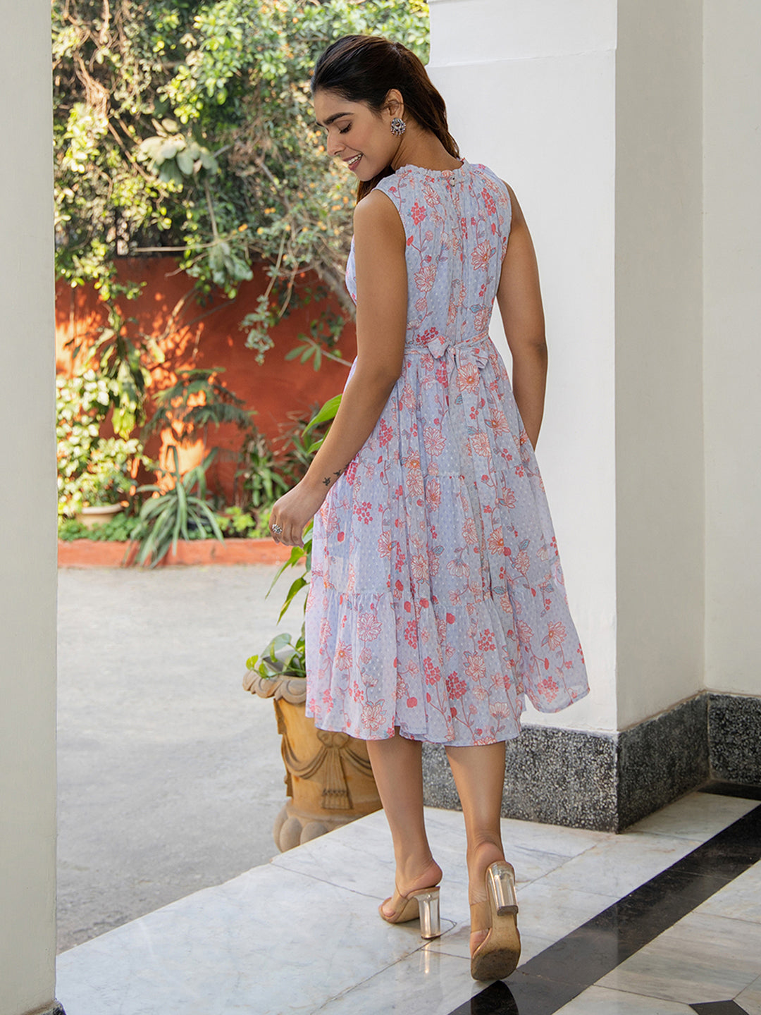 Lavender Dobby Georgette Floral Tiered Dress - qivii