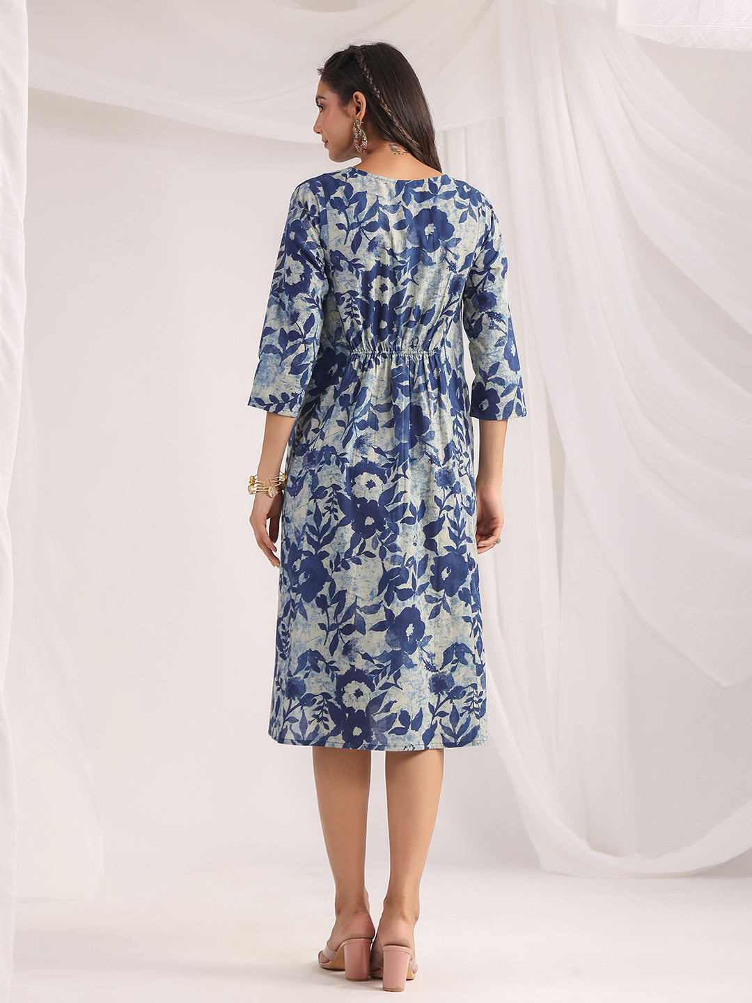 Indigo Cotton Floral Panelled Dress - qivii