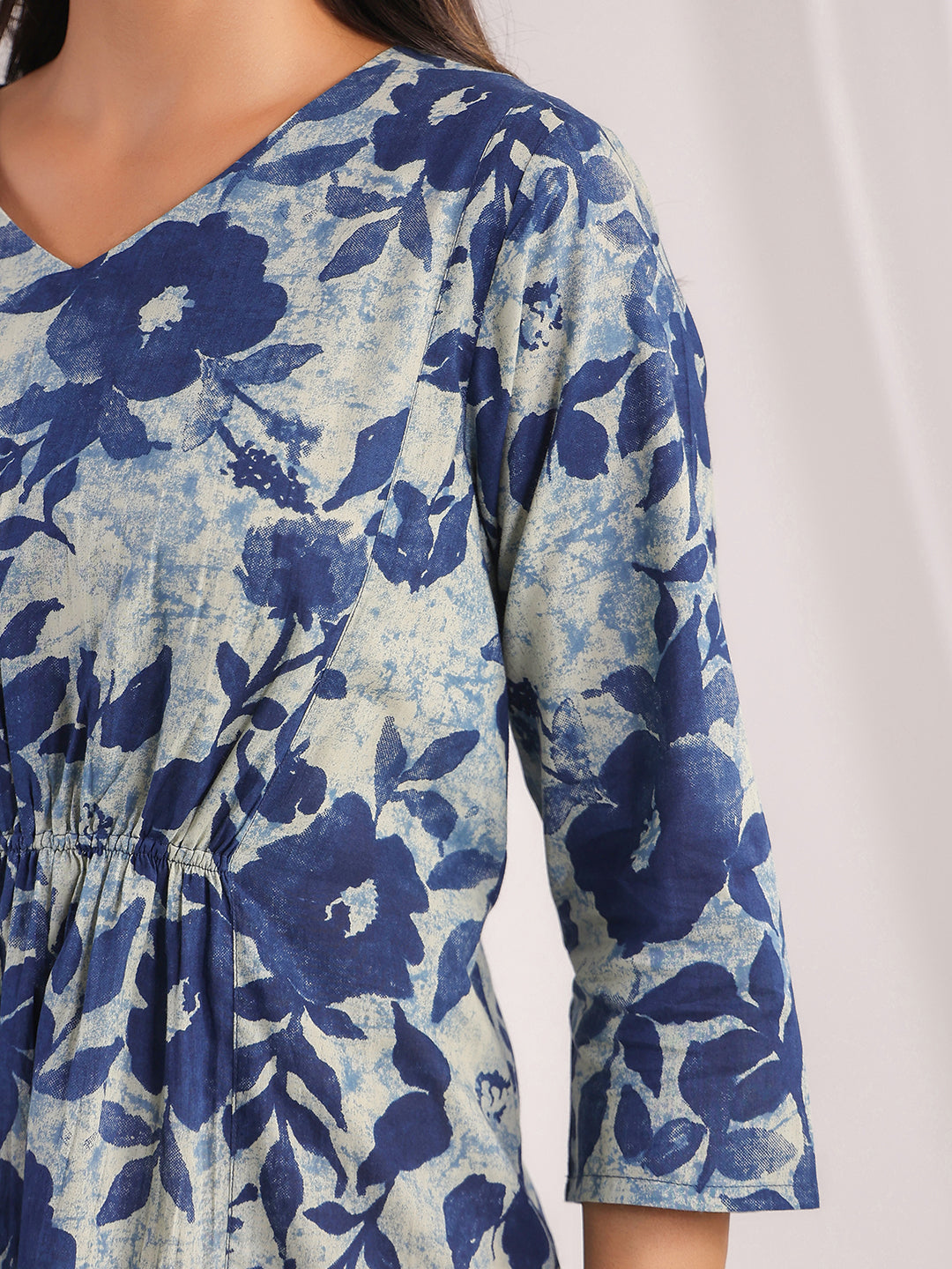 Indigo Cotton Floral Panelled Dress - qivii
