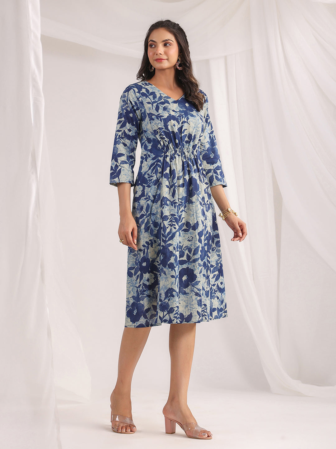 Indigo Cotton Floral Panelled Dress - qivii