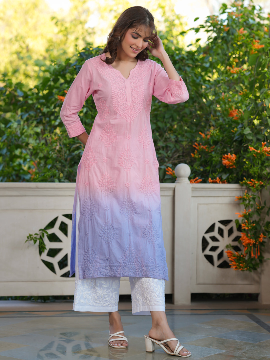 Baby Pink Ombre Pure Cotton Chikankari Embroidered Straight Kurta - qivii
