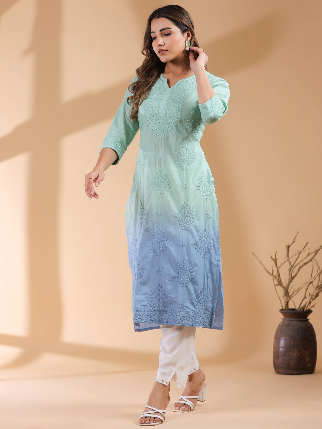 Mint Green Pure Cotton Ombre Chikankari Embroidered Straight Kurta - qivii