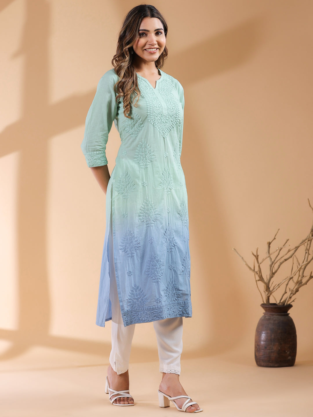 Mint Green Pure Cotton Ombre Chikankari Embroidered Straight Kurta - qivii