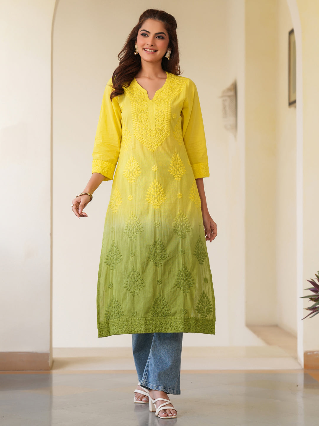 Lime Yellow Pure Cotton Ombre Chikankari Embroidered Straight Kurta - qivii