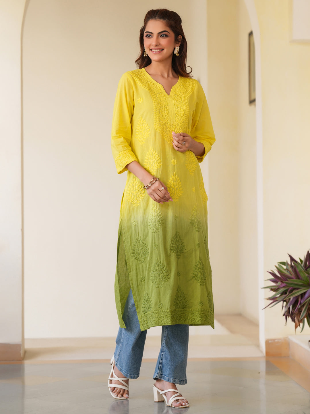 Lime Yellow Pure Cotton Ombre Chikankari Embroidered Straight Kurta - qivii