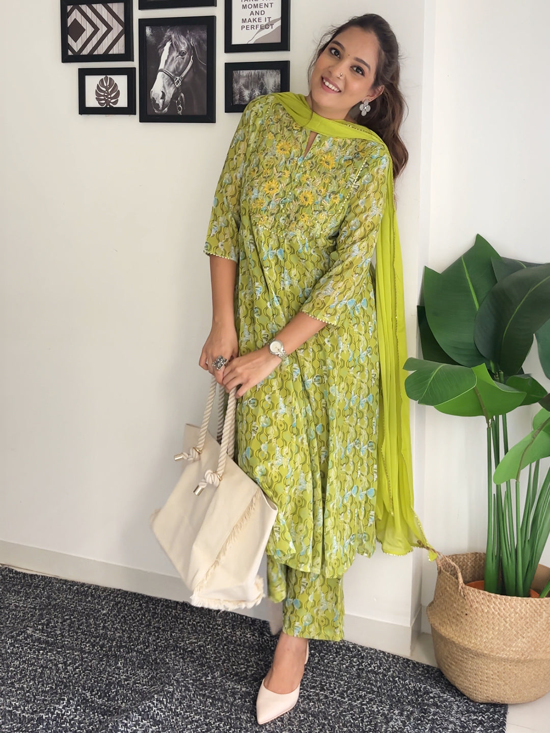 Lime Georgette Yoke Embroidery Anarkali Kurta Set - qivii