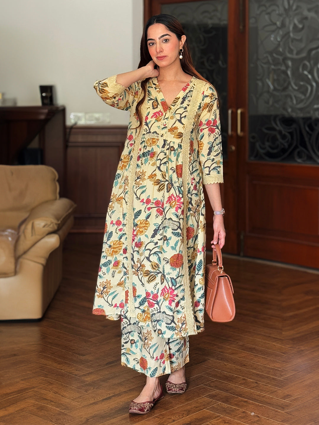 Beige Cotton Floral Kurta Pant Set - qivii
