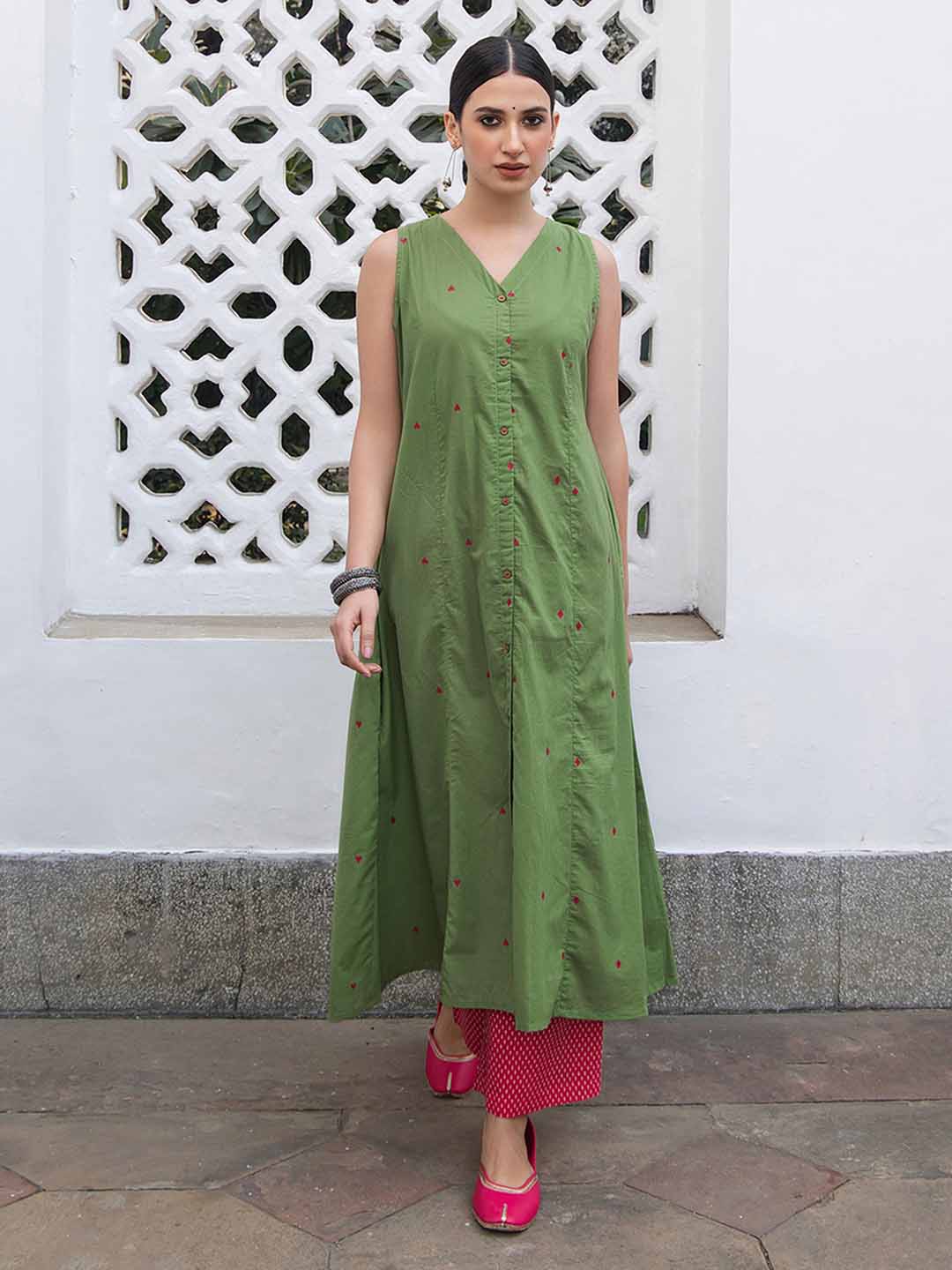Green Cotton Geometric A-Line Kurta Set - qivii