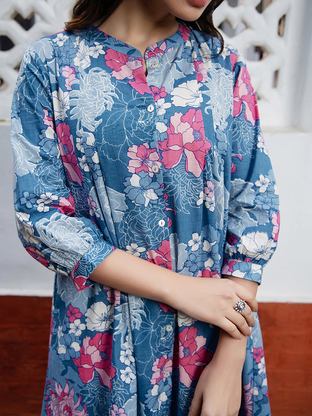 Blue Cotton Floral A-Line Tunic - qivii