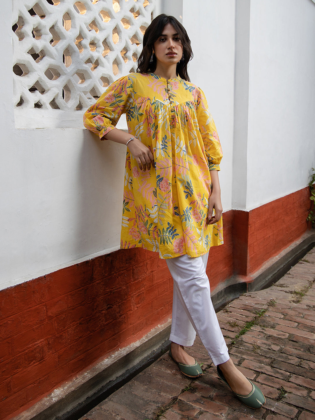 Yellow Cotton Trophical Gathered Tunic - qivii