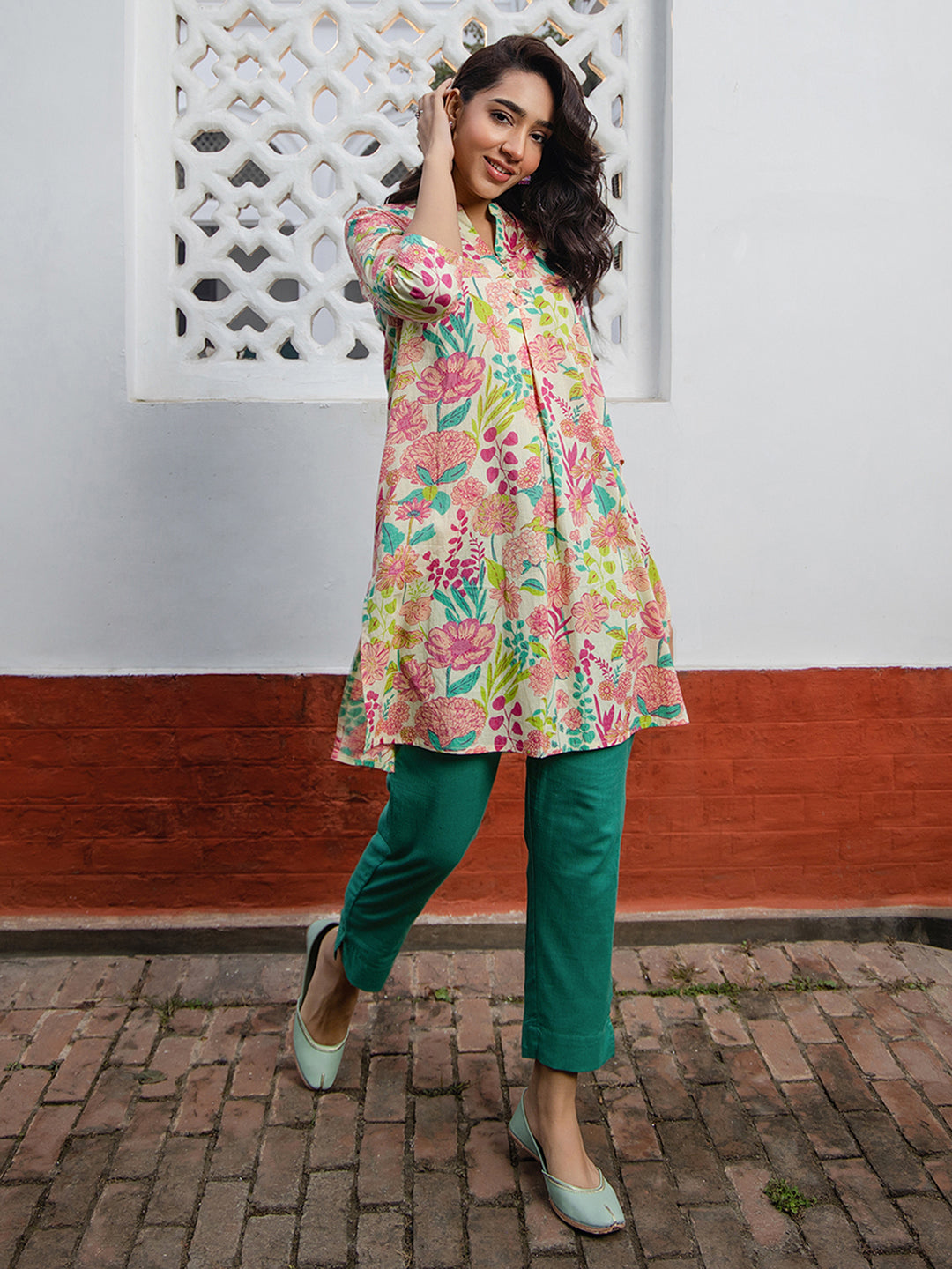 Multicolour Cotton Floral A-Line Tunic - qivii