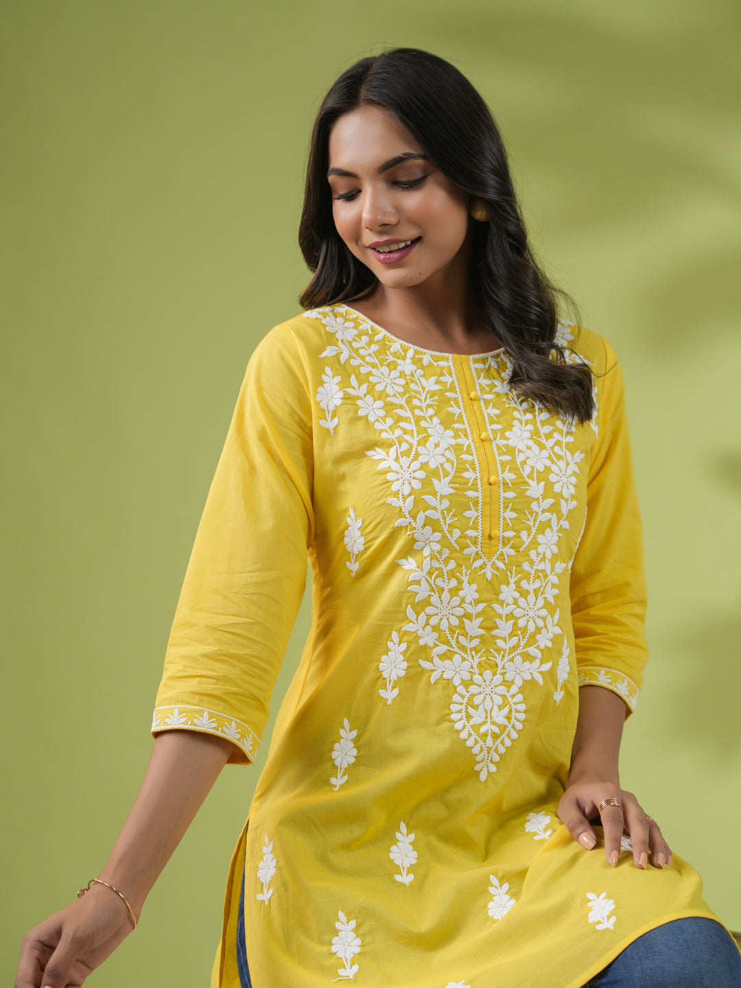 Yellow Cotton Chikankari Tunic - qivii