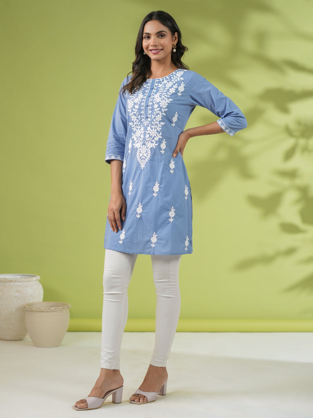 Blue Cotton Embroidered Tunic - qivii