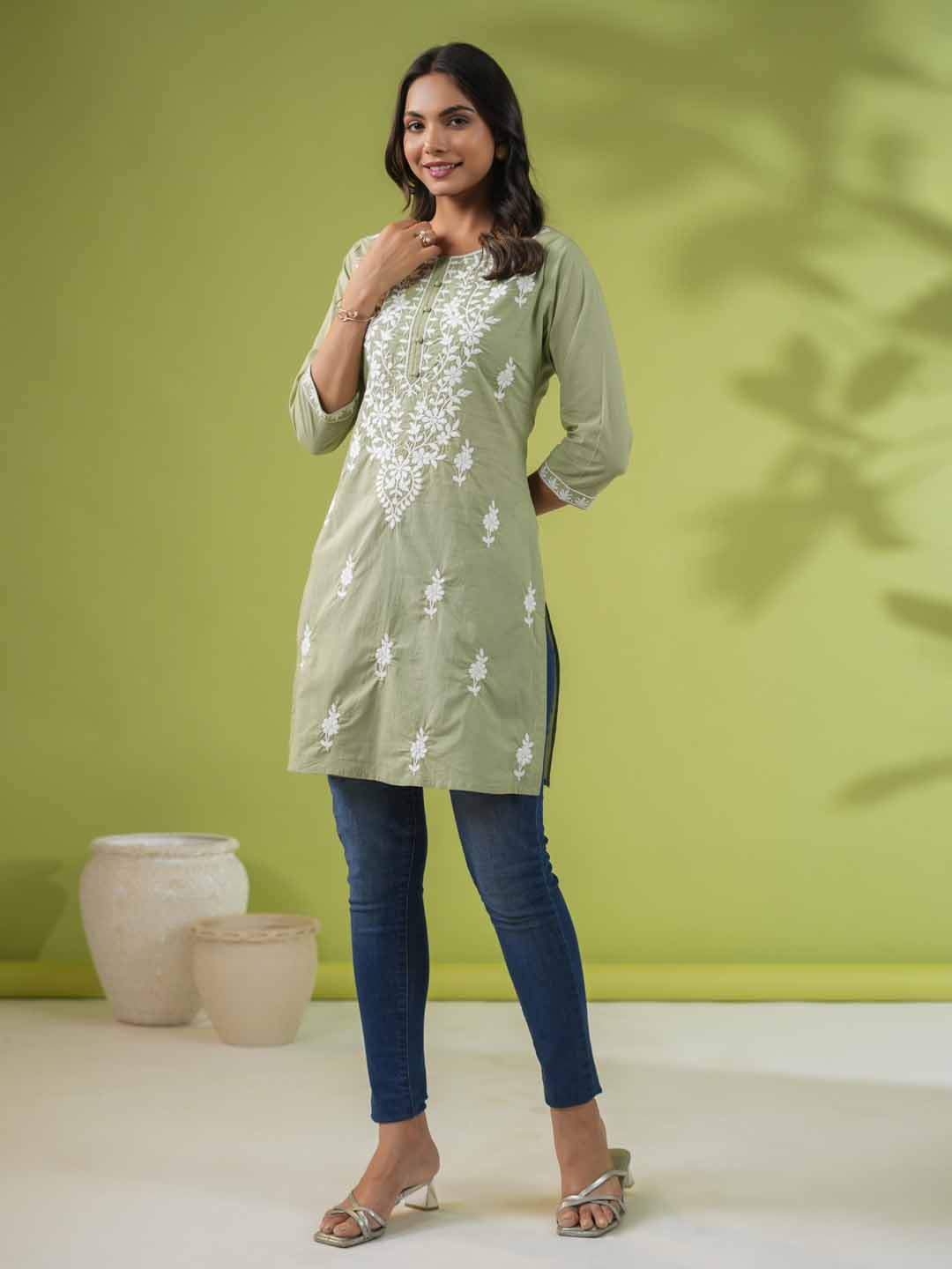 Sage Cotton Chikankari Tunic - qivii