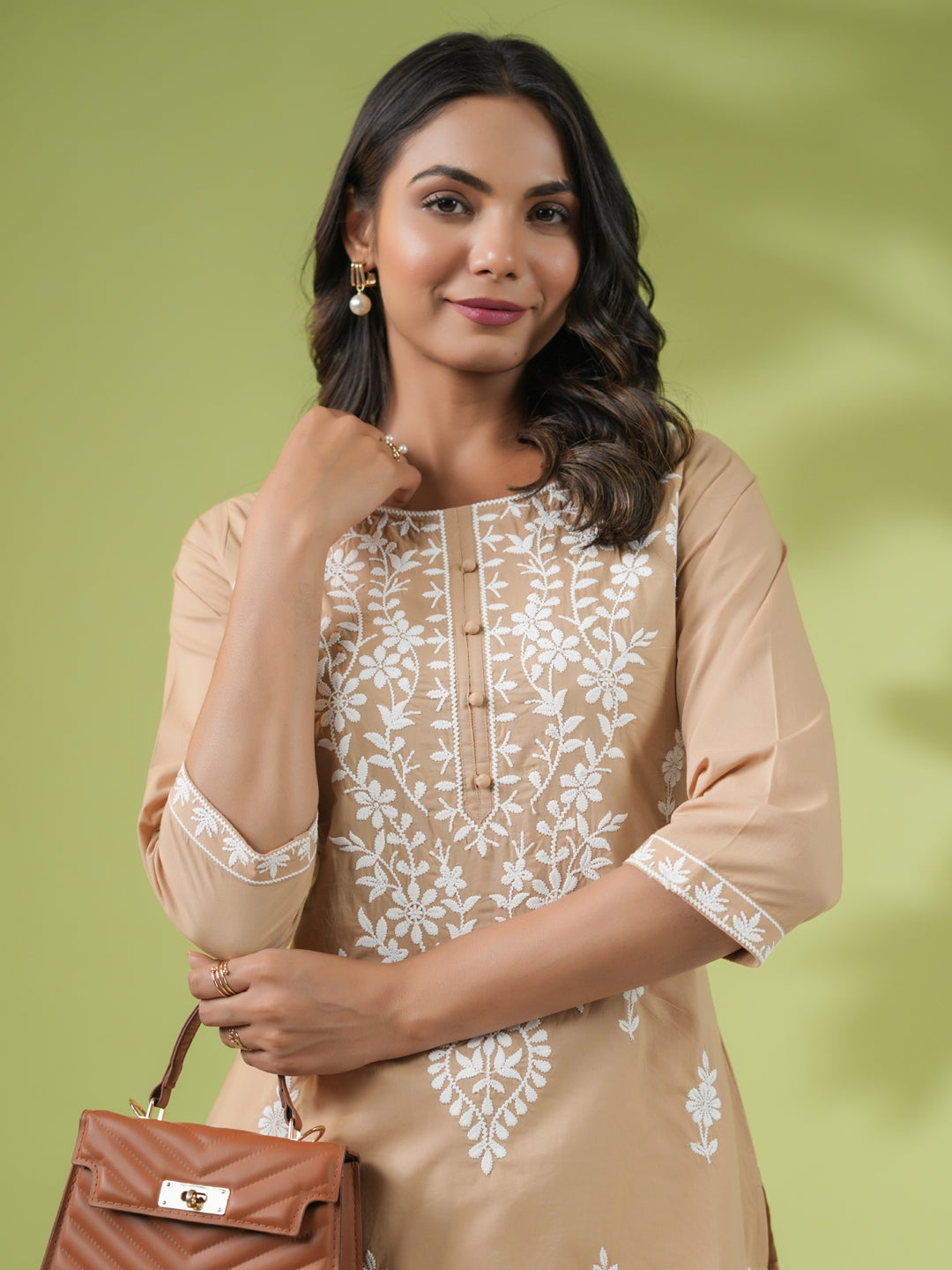 Beige Cotton Chikankari Tunic - qivii