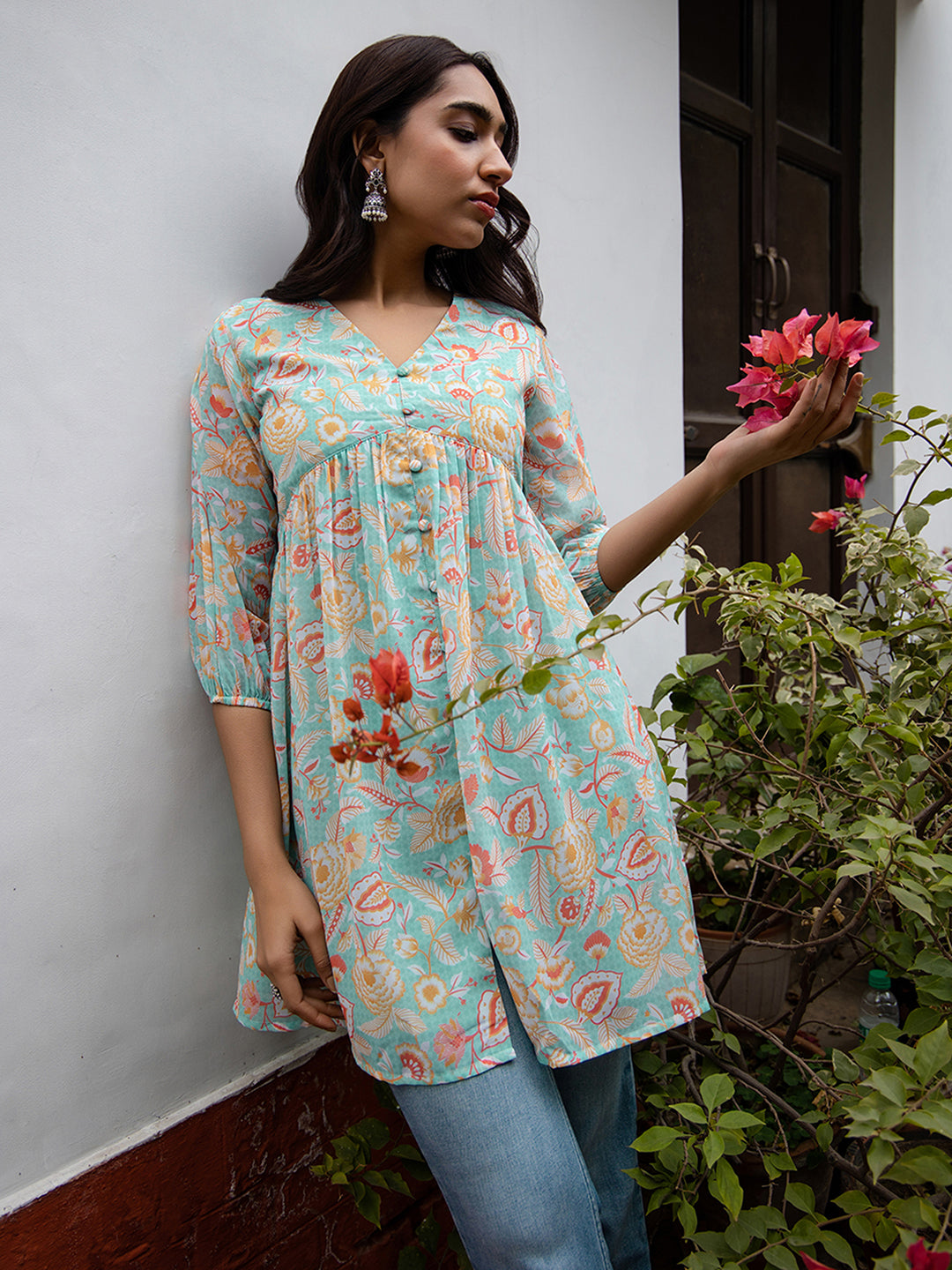 Sea Blue Georgette Floral Gathered Tunic - qivii