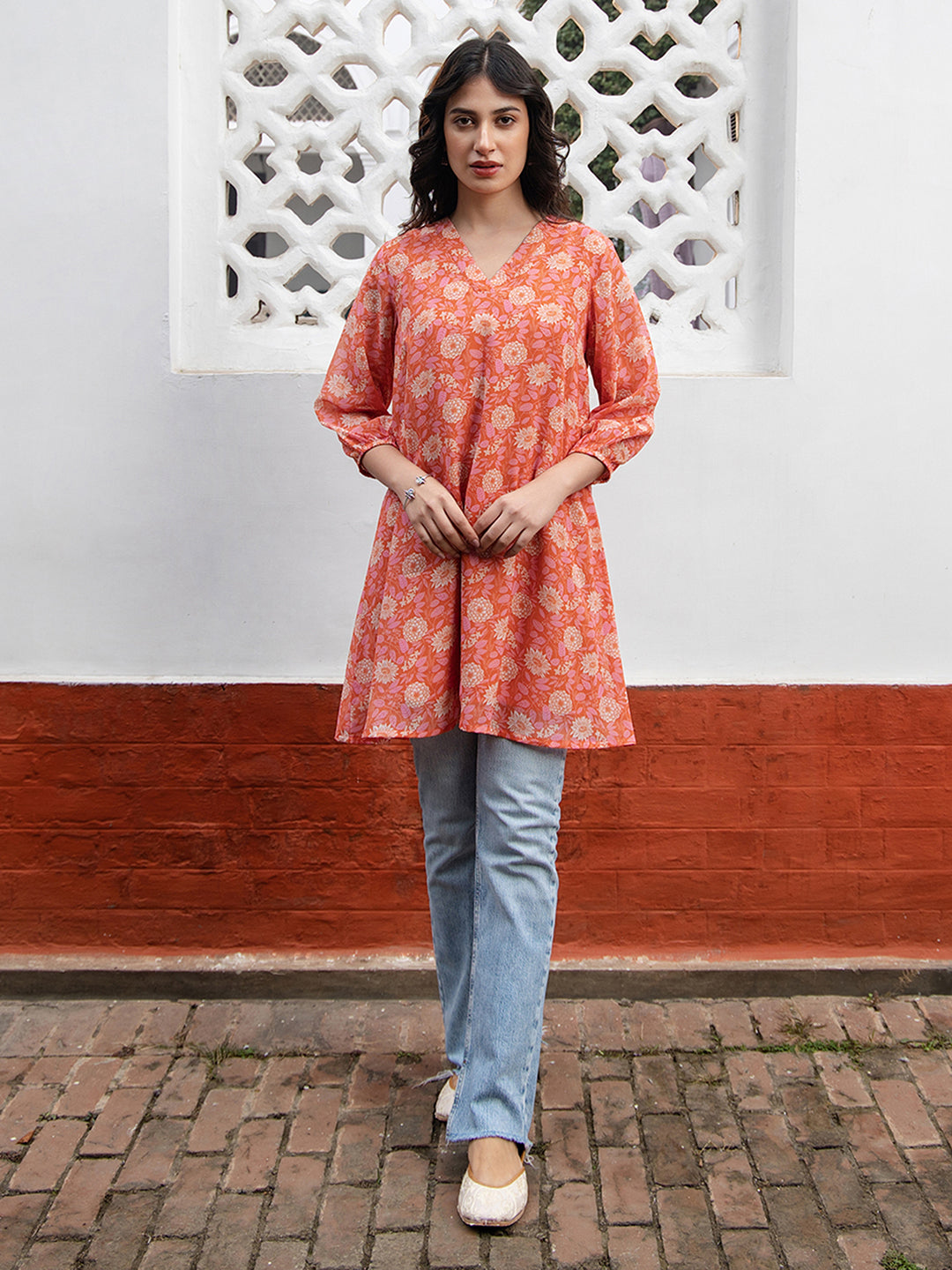 Orange Georgette Floral Tunic - qivii