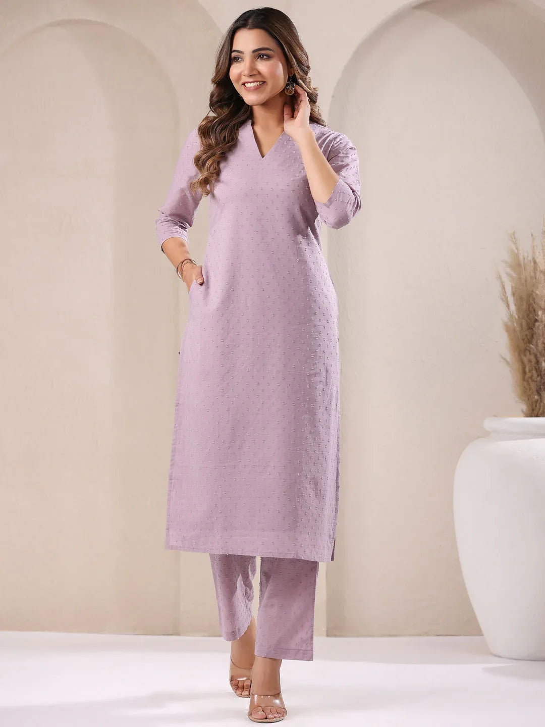Lavender Dobby Pure Cotton Self Design Straight Kurta Pant Set