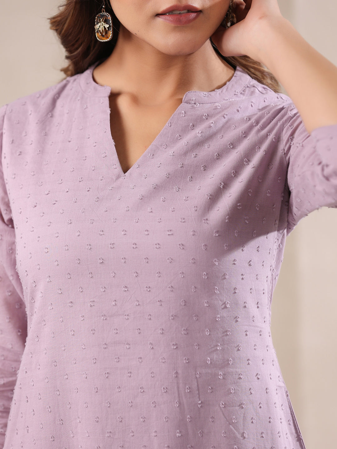 Lavender Dobby Pure Cotton Self Design Straight Kurta Pant Set - qivii