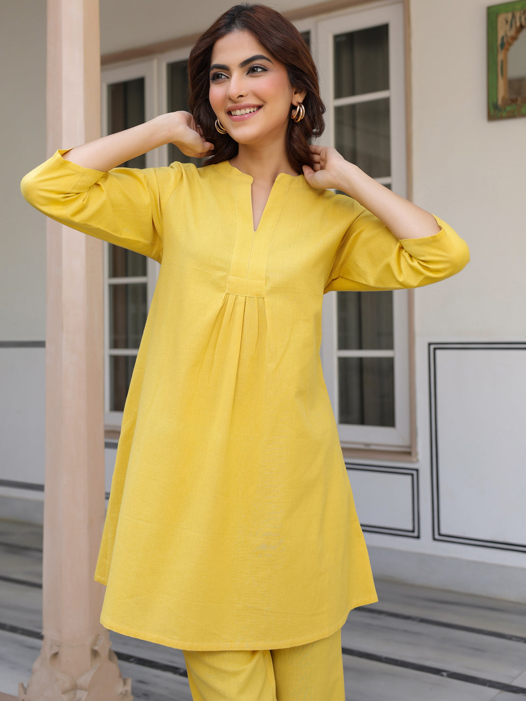 Yellow Cotton Solid A-line Co-ords Set - qivii