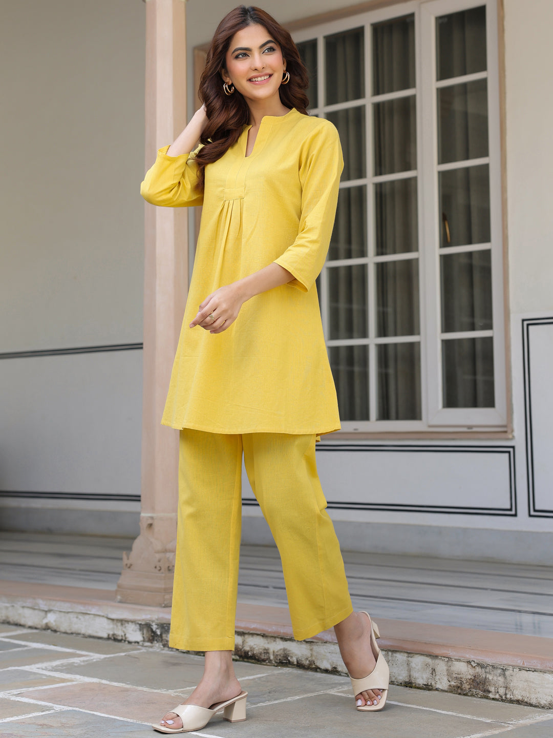 Yellow Cotton Solid A-line Co-ords Set - qivii