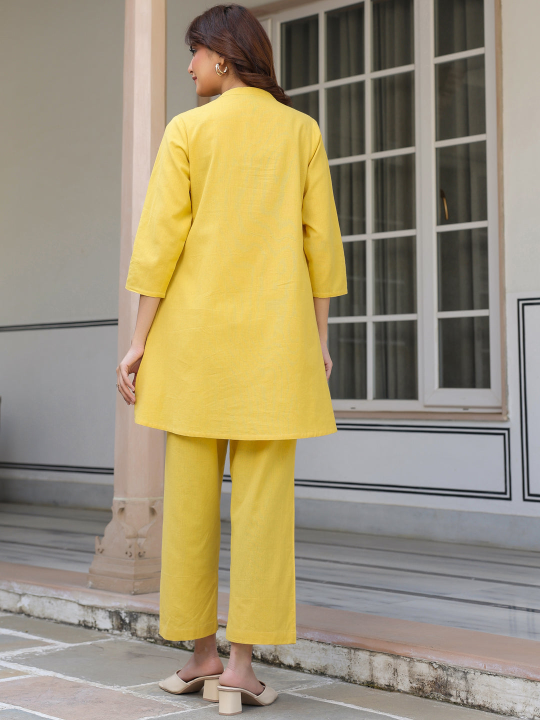 Yellow Cotton Solid A-line Co-ords Set - qivii