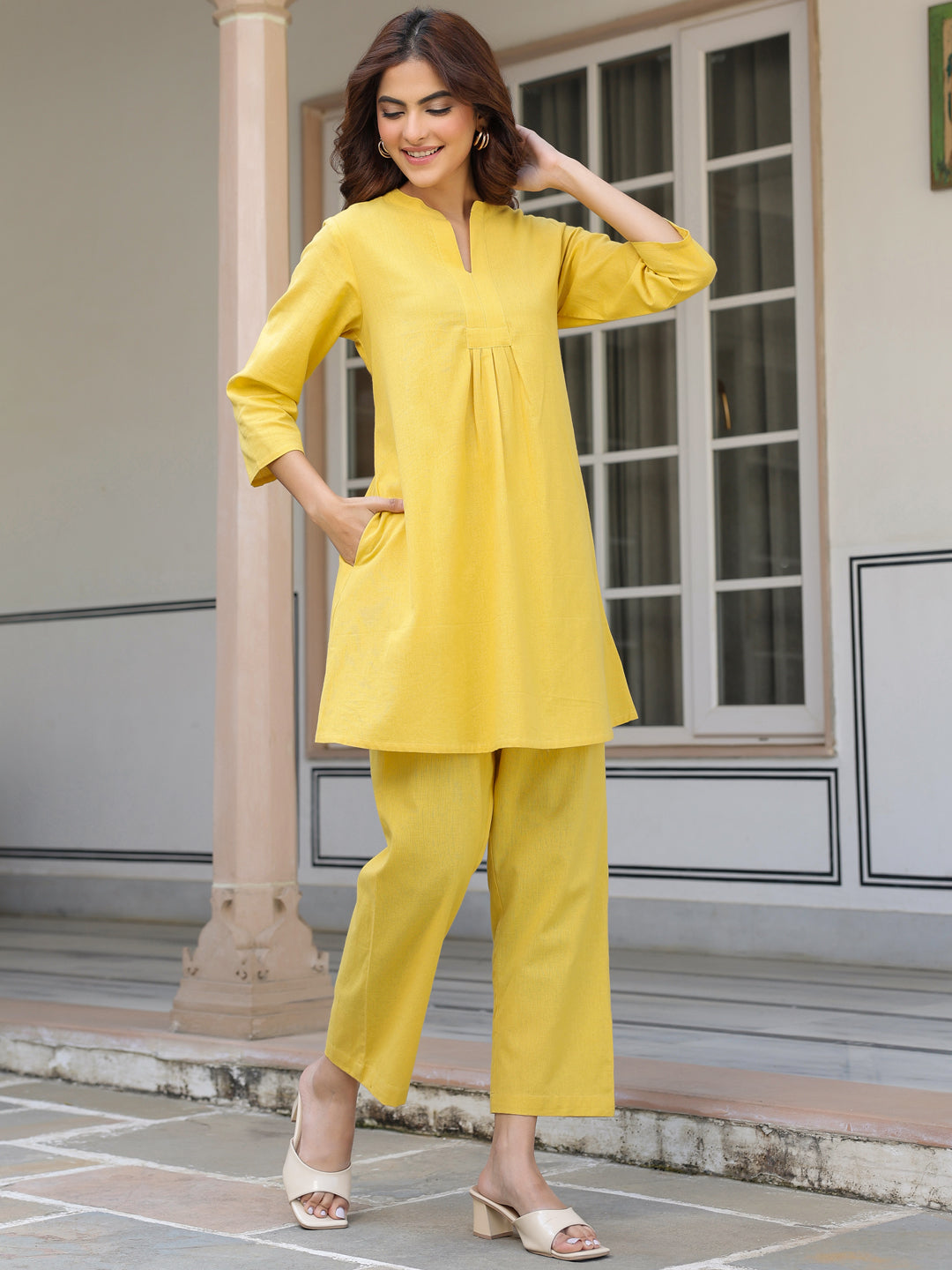 Yellow Cotton Solid A-line Co-ords Set - qivii