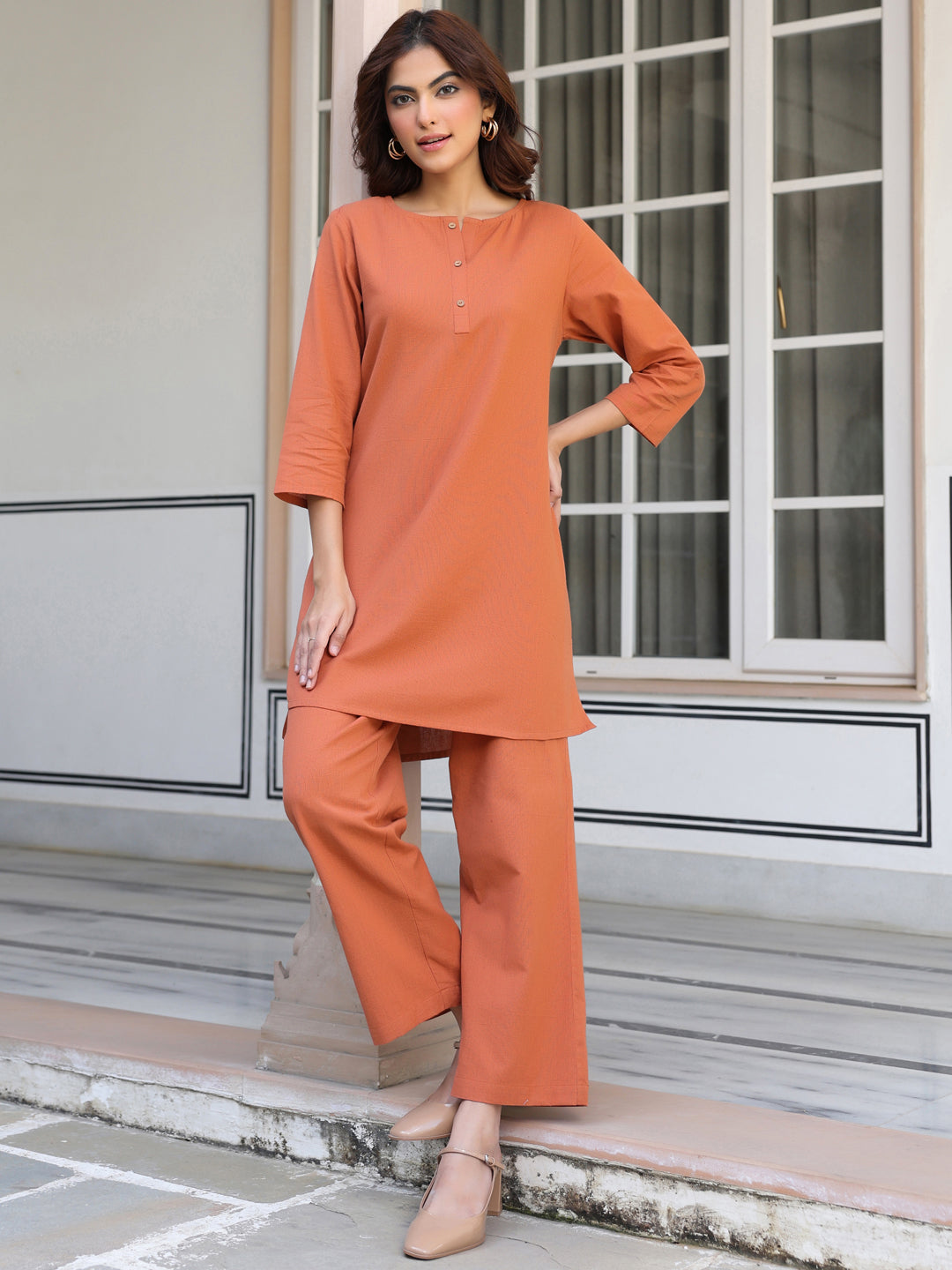 Rust Cotton Solid A-line Co-ords Set - qivii