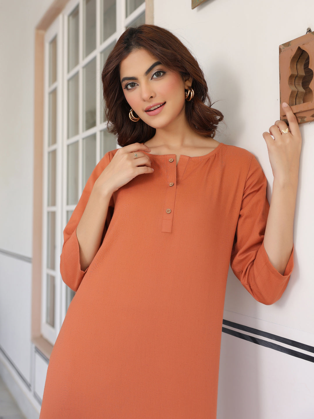 Rust Cotton Solid A-line Co-ords Set - qivii