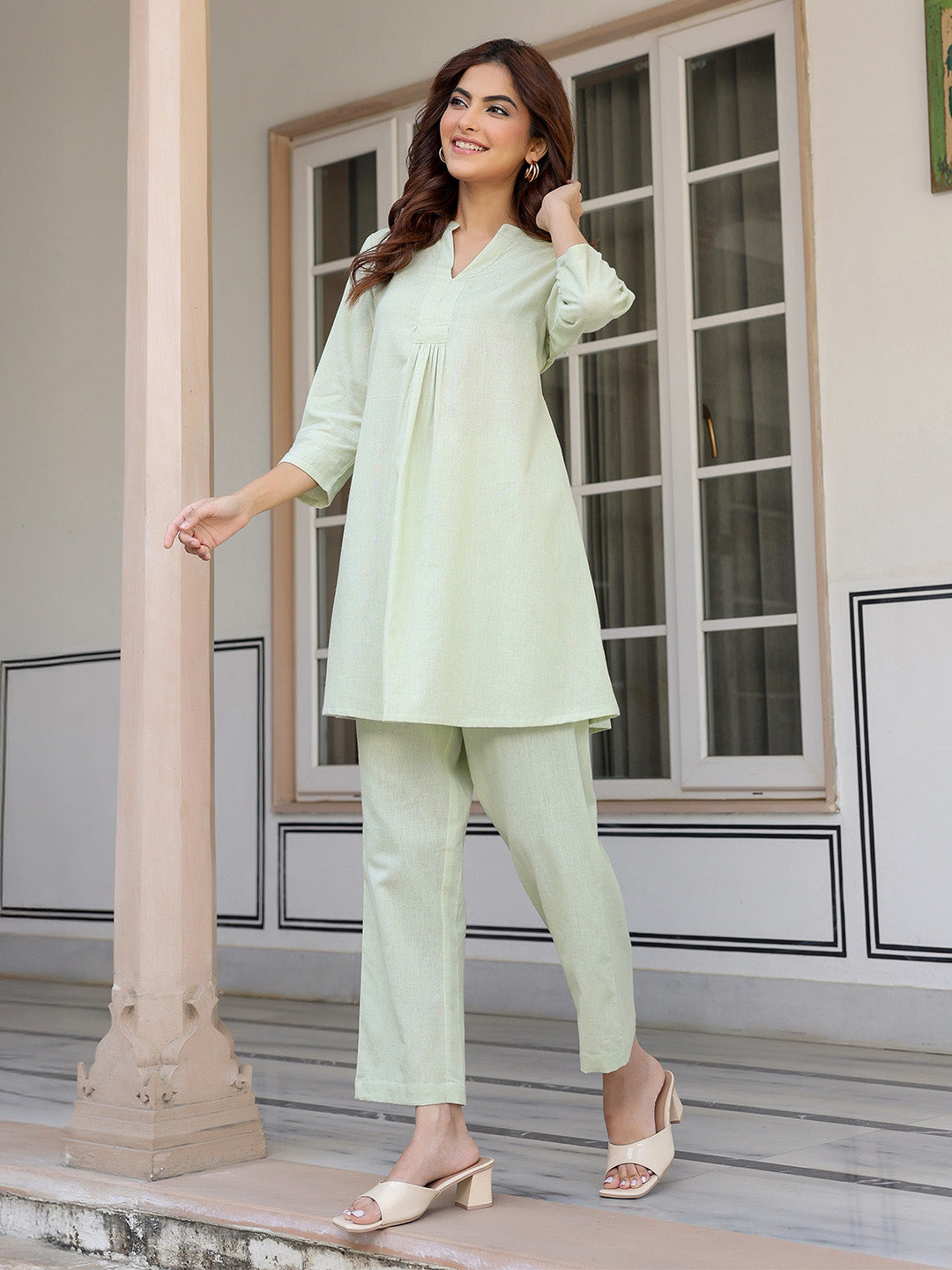 Mint Cotton Solid A-line Co-ord Set - qivii
