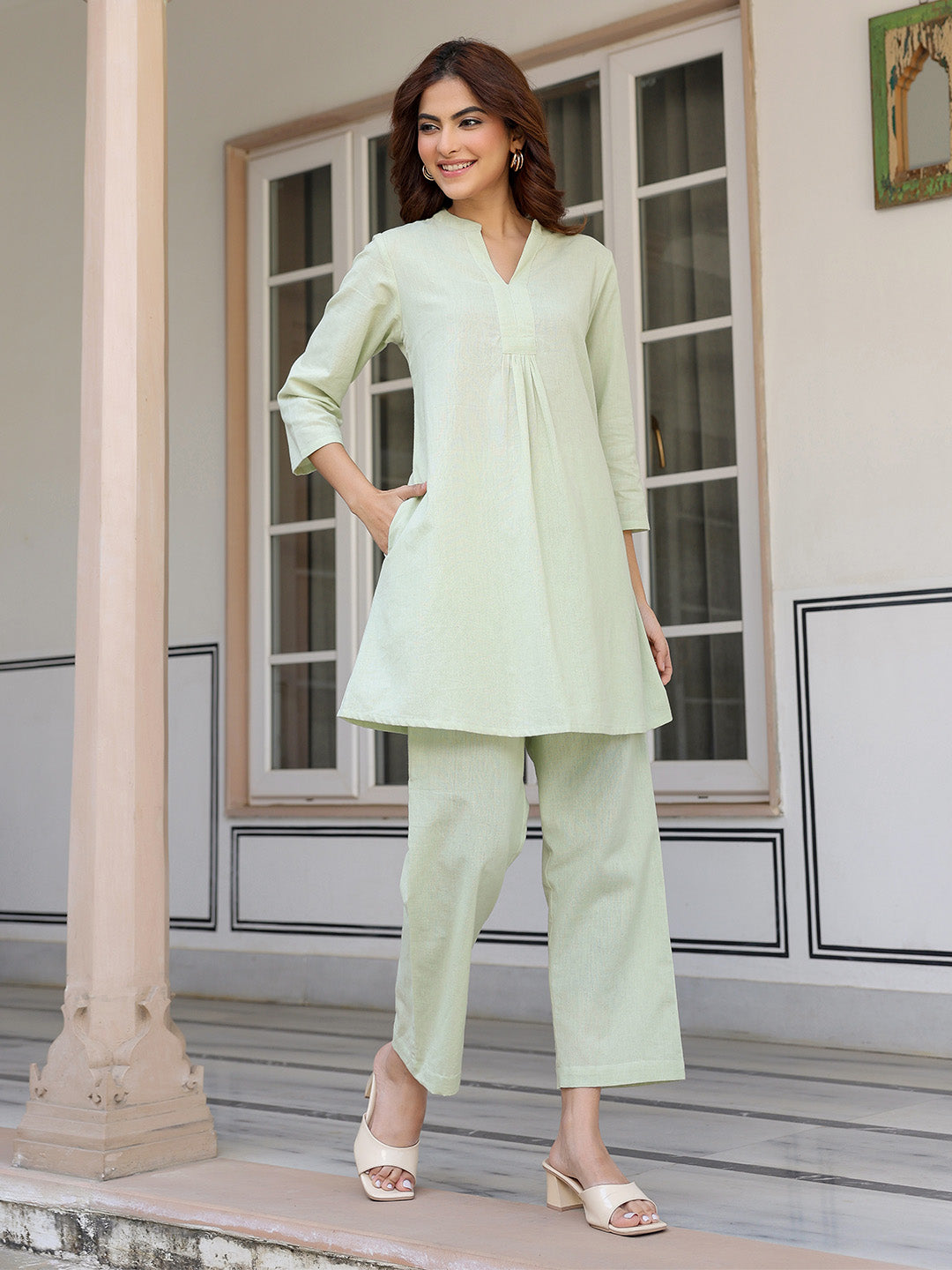 Mint Cotton Solid A-line Co-ord Set - qivii