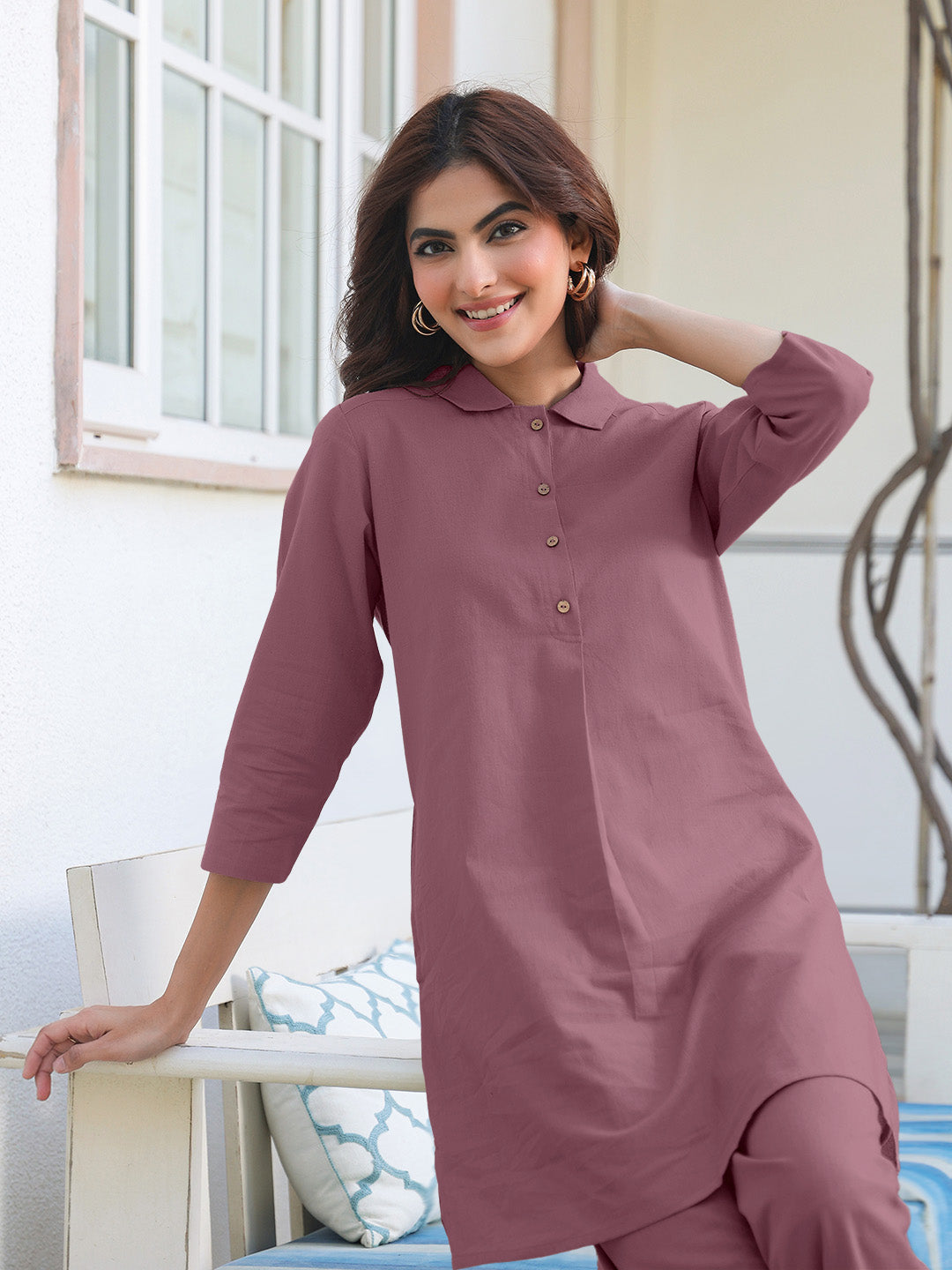 Mauve Cotton Solid A-line Co-Ord Set - qivii