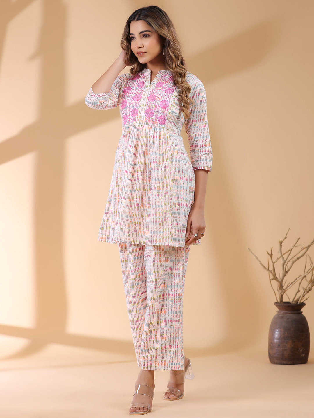 White Pure Cotton Abstract A-line Co-ord Set - qivii