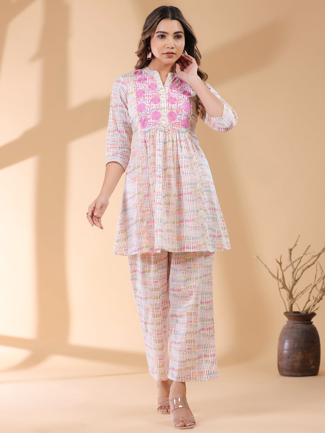 White Pure Cotton Abstract A-line Co-ord Set - qivii