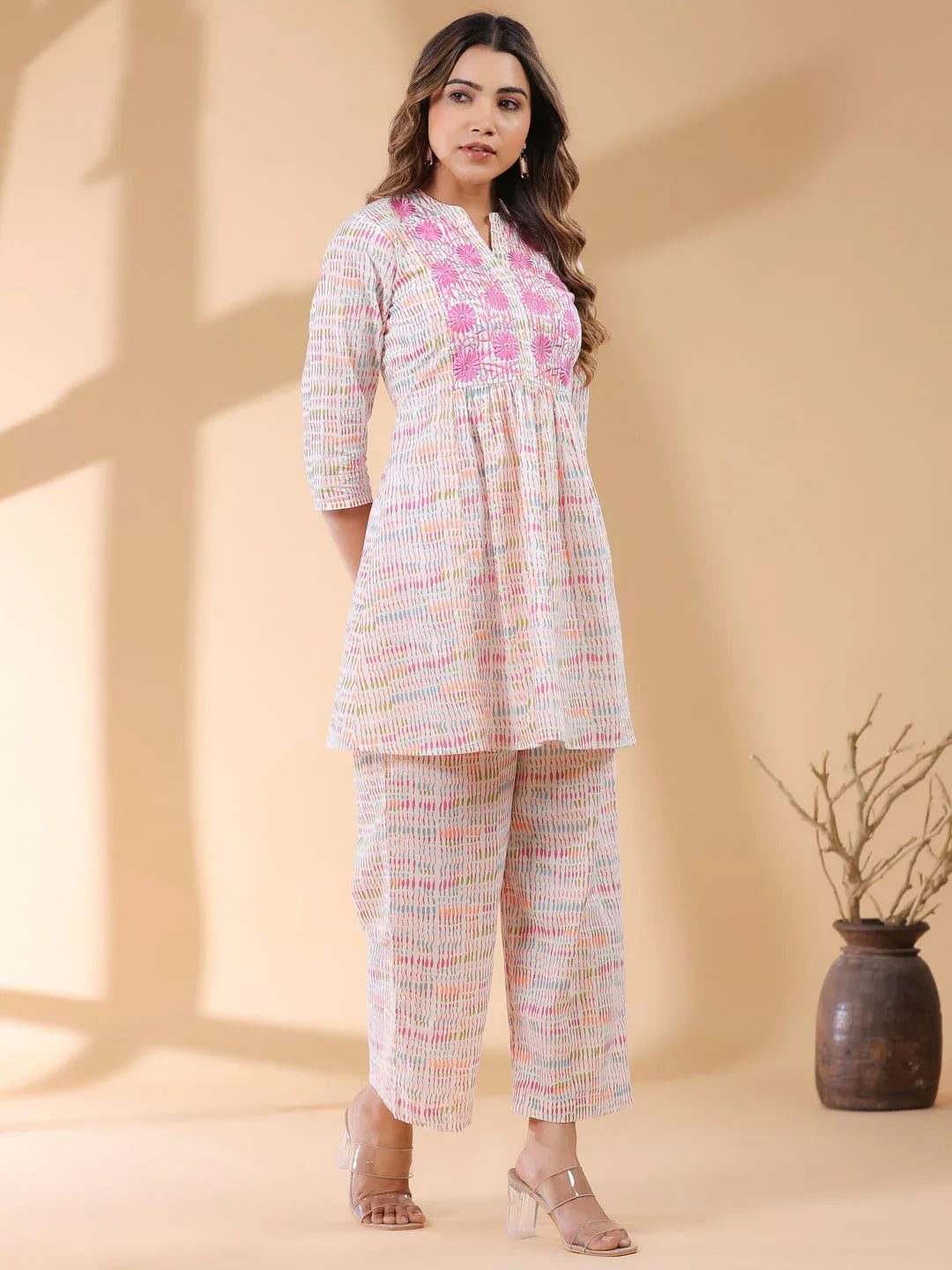 White Pure Cotton Abstract A-line Co-ord Set