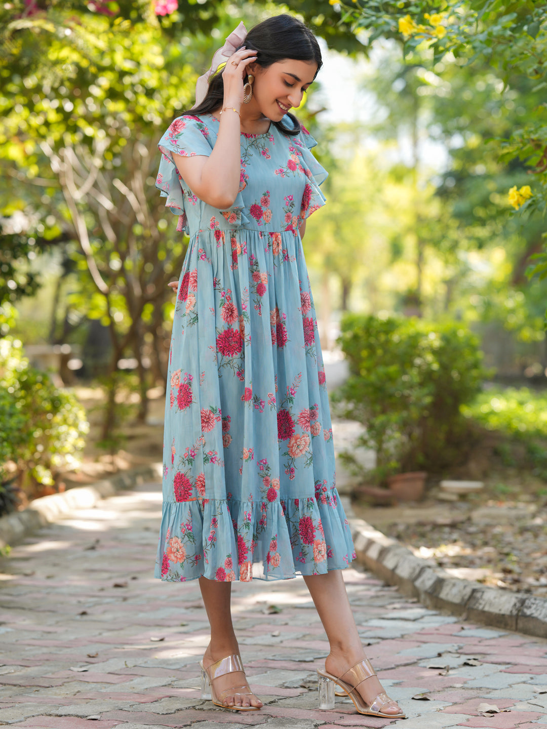 Light Blue Georgette Floral Printed Tiered Dress - qivii