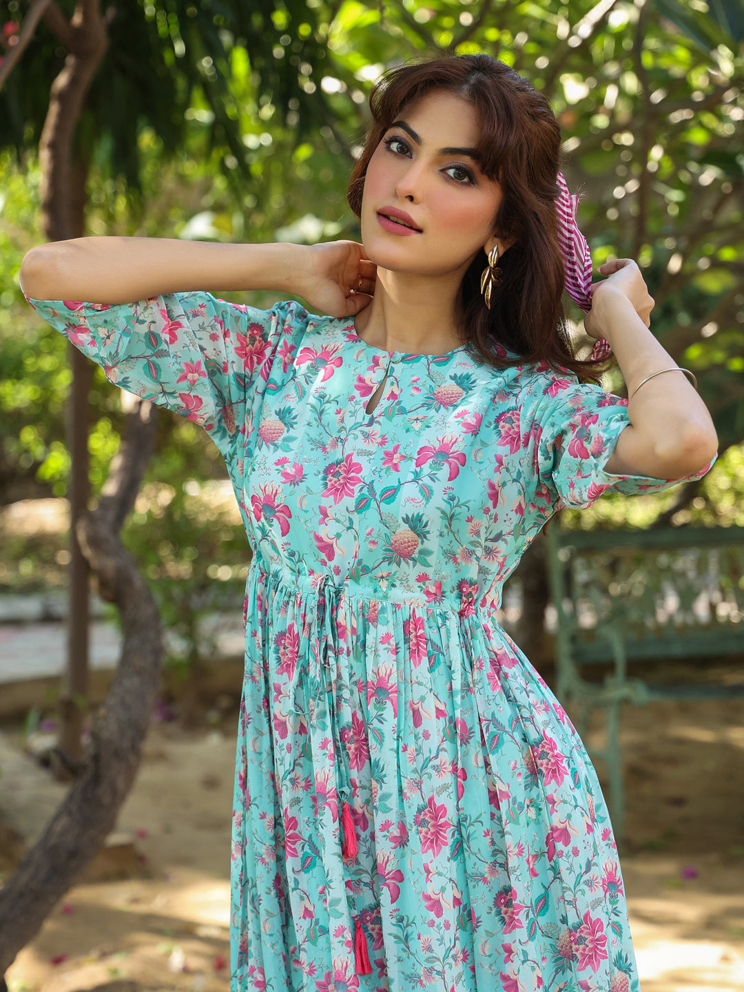 Turquoise Georgette Floral Printed Tiered Dress - qivii