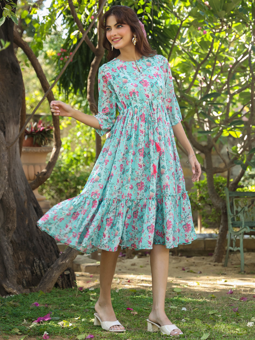 Turquoise Georgette Floral Printed Tiered Dress - qivii