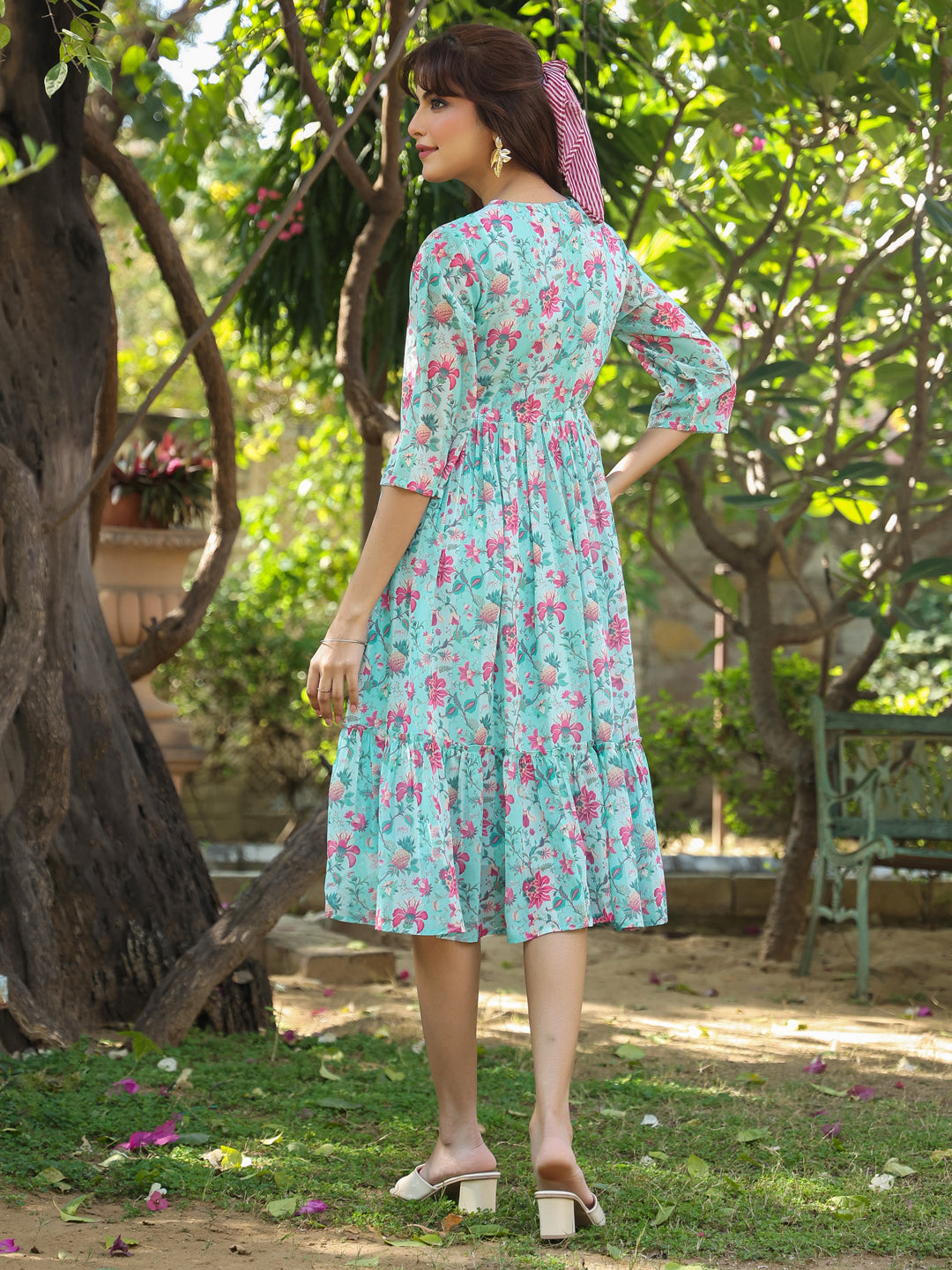 Turquoise Georgette Floral Printed Tiered Dress - qivii