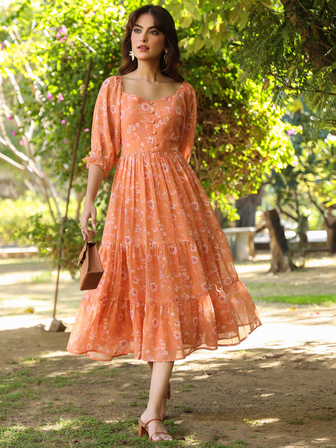 Orange Georgette Floral Printed Tiered Dress - qivii
