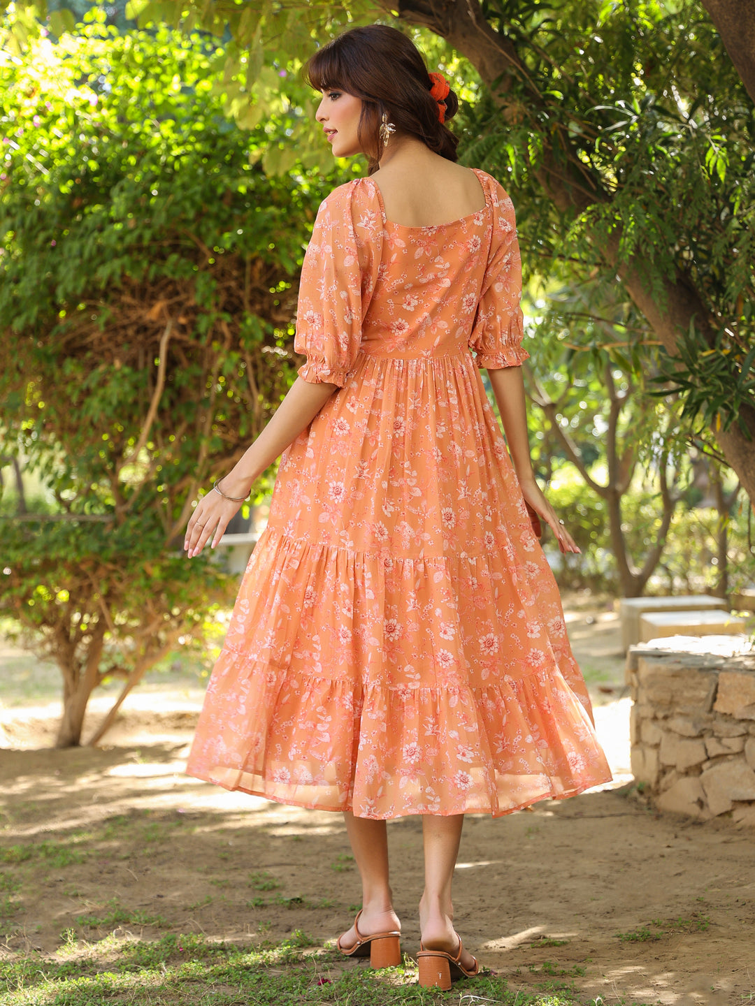 Orange Georgette Floral Printed Tiered Dress - qivii