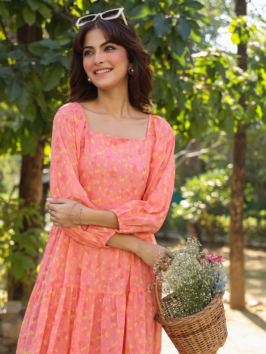 Peach Georgette Floral Printed Tiered Dress - qivii