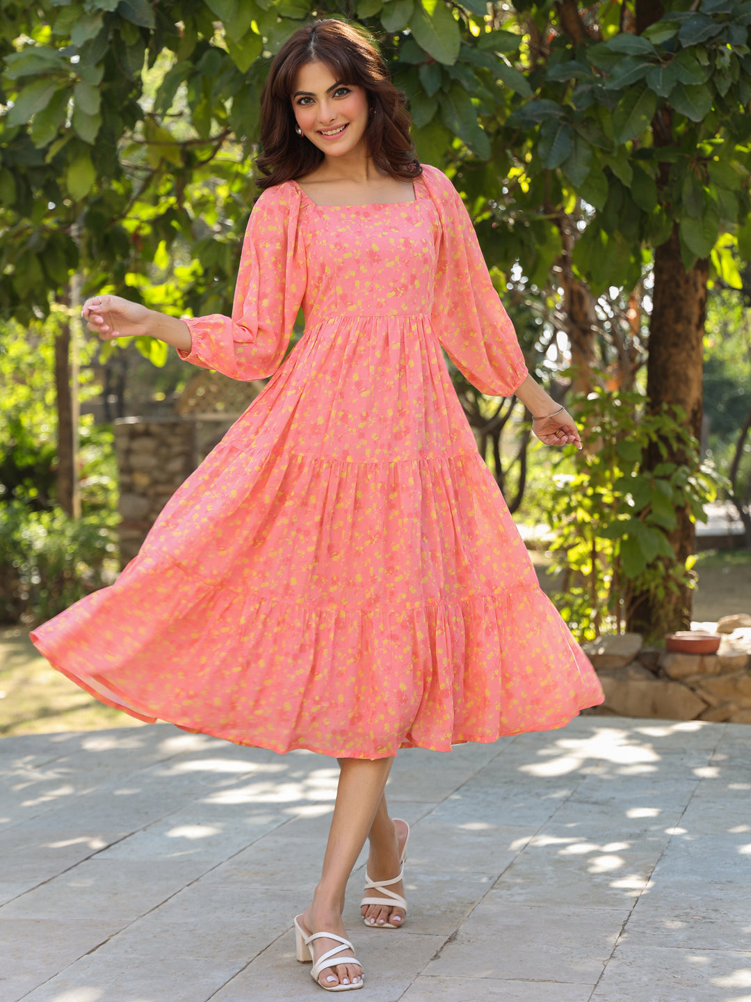 Peach Georgette Floral Printed Tiered Dress - qivii