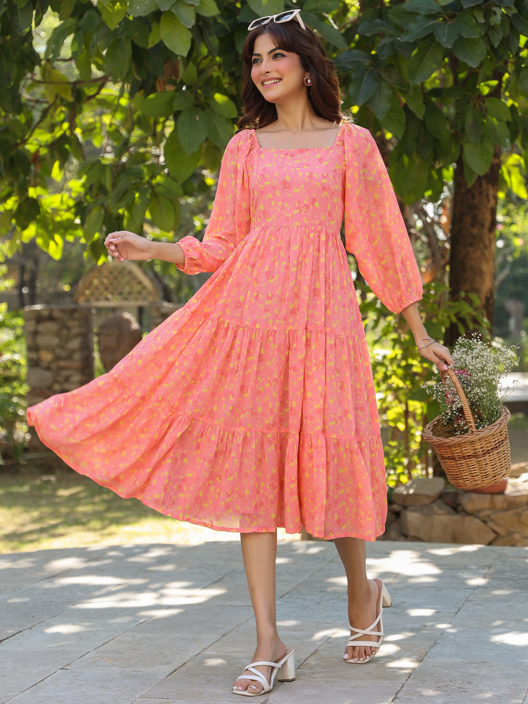 Peach Georgette Floral Printed Tiered Dress - qivii