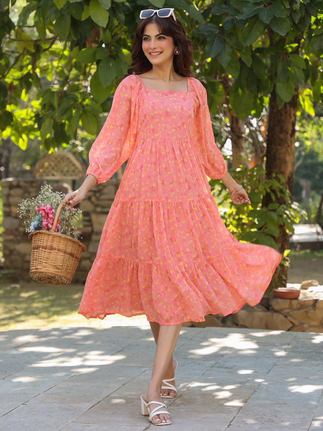 Peach Georgette Floral Printed Tiered Dress - qivii