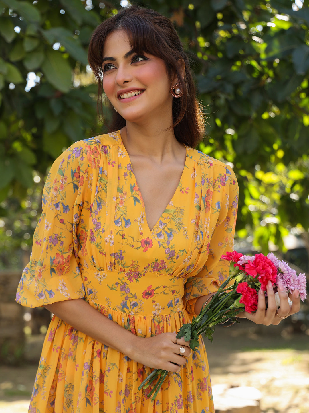 Mustard Georgette Floral Printed Gathered Dress - qivii